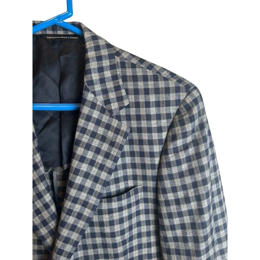 Copley Mens 40R Silk Linen Blazer Jacket Italian Fabric Navy Gray Gingham